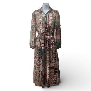 Boho Patchwork Long Sleeve Floral Abstract Pink Navy Midi Dress 8 Gypsy Prairie